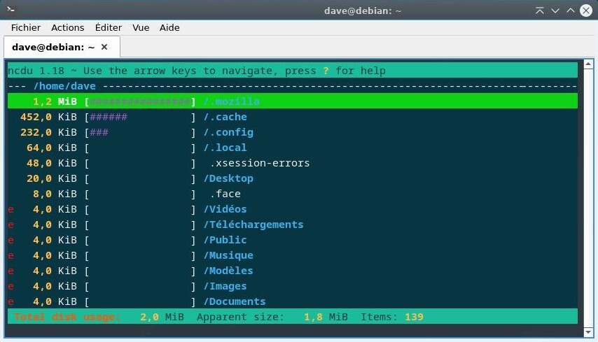Ncdu lancé dans le répertoire utilisateur